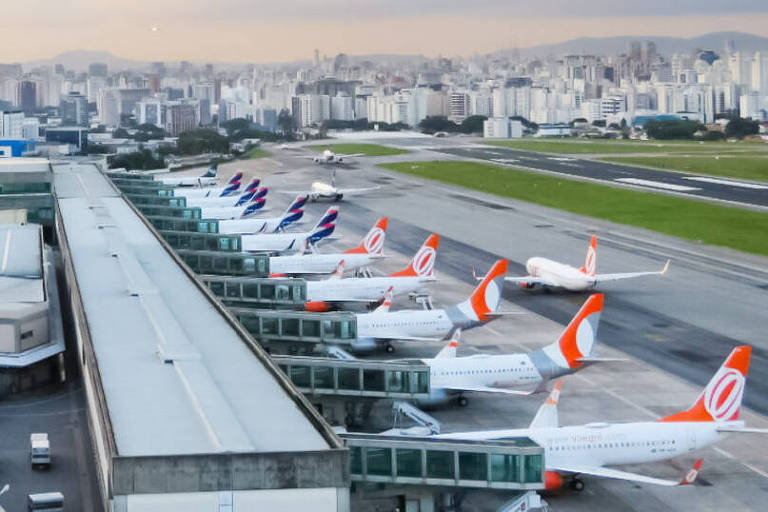 Imagem de um aeroporto com várias aeronaves estacionadas em frente a um terminal. Ao fundo, há uma vista da cidade com prédios altos e um céu com nuvens. A pista de pouso e decolagem é visível, e algumas aeronaves estão em movimento. O ambiente é urbano, com uma mistura de infraestrutura aeroportuária e paisagem urbana