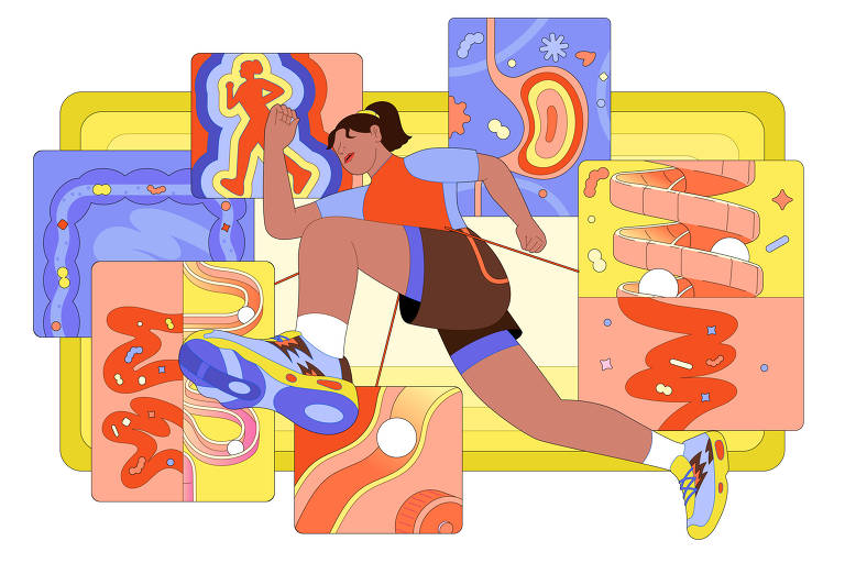A imagem apresenta uma ilustração colorida de uma pessoa correndo. A figura está em movimento, vestindo uma camiseta laranja e shorts escuros, com tênis brancos. Ao fundo, há várias formas e padrões em cores vibrantes, como azul, laranja e amarelo, que criam um efeito dinâmico e energético.