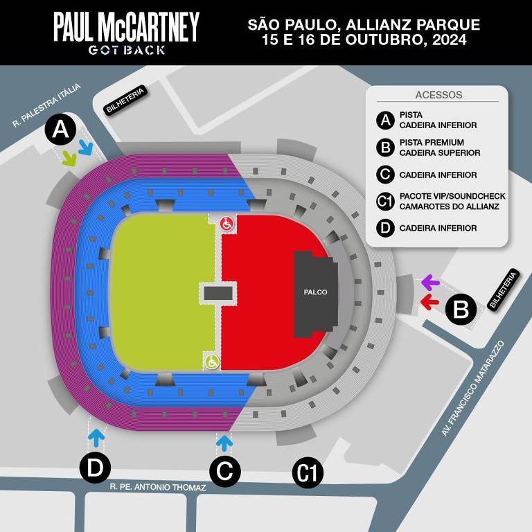 O mapa mostra a disposição do Allianz Parque em São Paulo para os shows de Paul McCartney nos dias 15 e 16 de outubro de 2024. As áreas estão coloridas em diferentes seções, incluindo A, B, C e D, com uma legenda indicando as entradas e outras informações relevantes.