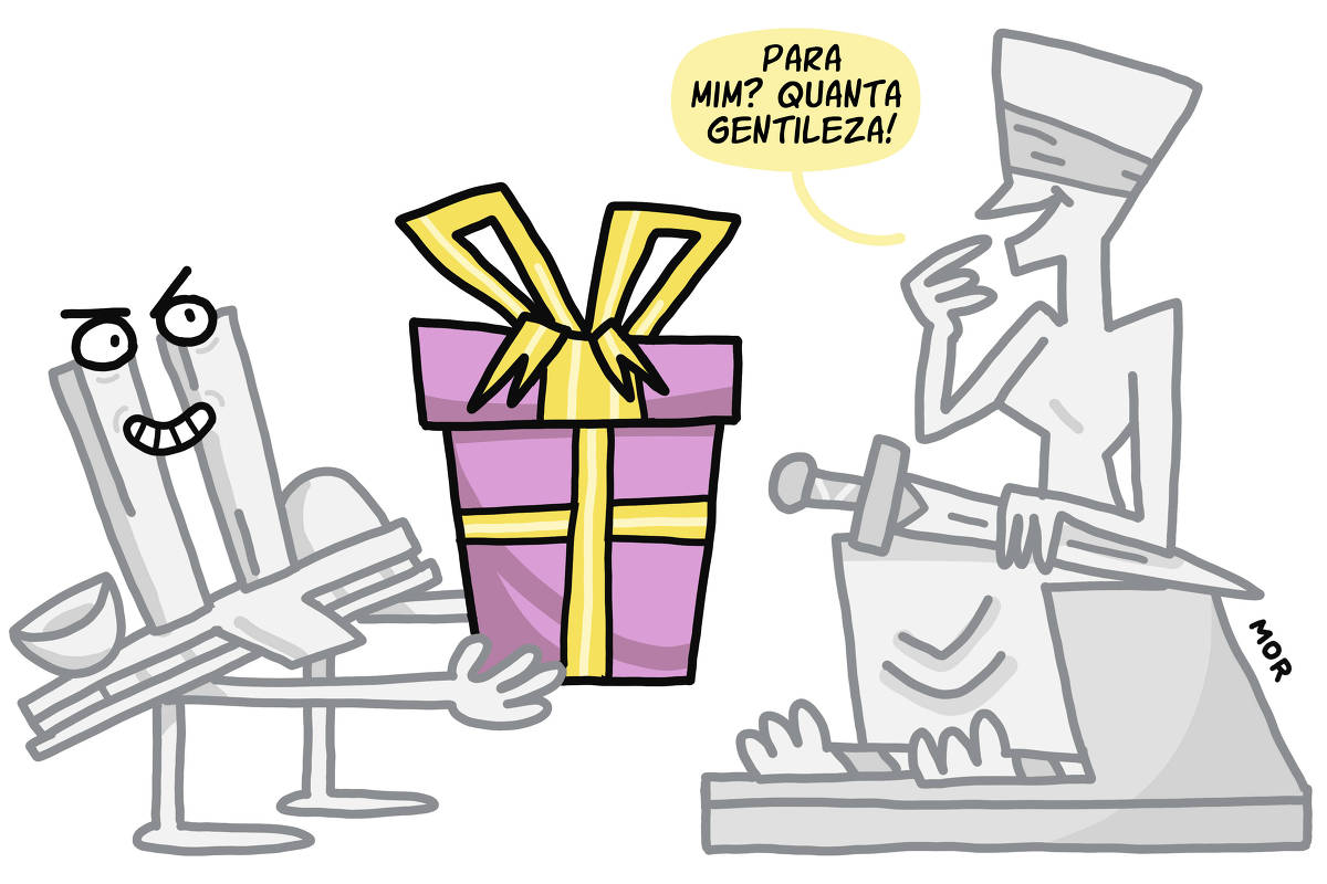 Na charge temos o Congresso Nacional entregando um pacote de presente para a estátua da justiça do STF que diz: "Para mim? Quanta gentileza!".