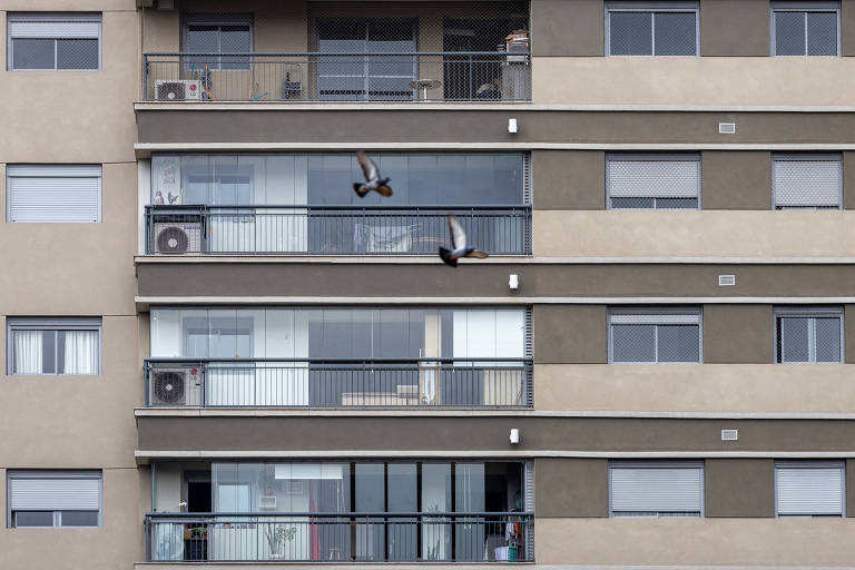 A imagem mostra a fachada de um edifício de apartamentos com várias janelas. Algumas janelas estão abertas e há aparelhos de ar-condicionado visíveis. Dois pássaros estão voando em frente ao edifício.