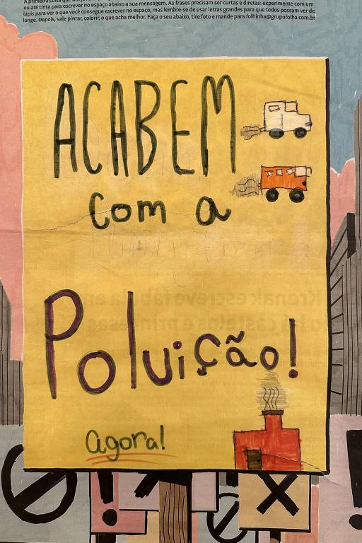 Um cartaz colorido com fundo amarelo que contém a frase 'ACABEM com a Poluição!' escrita em letras grandes e escuras. Abaixo, a palavra 'Agora!' está escrita em letras menores. O cartaz também apresenta desenhos de dois caminhões, um branco e um laranja, e uma chaminé soltando fumaça. O fundo é composto por várias formas e símbolos, incluindo sinais de proibição.