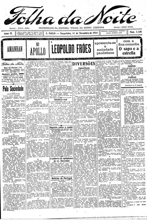 Primeira Página da Folha da Noite de 11 de novembro de 1924