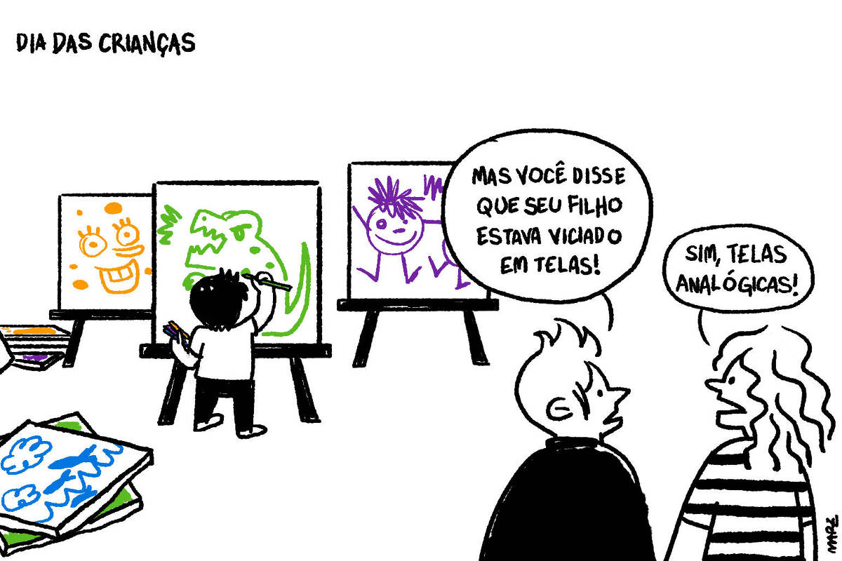 Charge de Marília Marz com o título "Dia das Crianças" mostra uma criança pintando uma tela. Ao seu lado, outras telas pintadas estão pela sala. Do lado direito, duas mães conversam, e uma delas diz: "Mas você disse que seu filho estava viciado em telas!". A outra responde: "Sim, telas analógicas!".