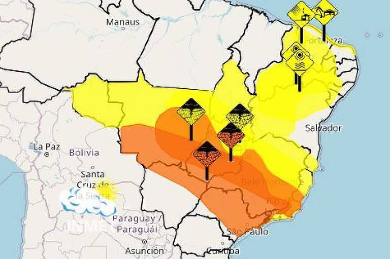 Um mapa do Brasil mostrando diferentes regiões coloridas em amarelo, laranja e vermelho, indicando a previsão do tempo. Setas pretas apontam para áreas específicas, e há ícones de sol e nuvens no canto superior direito, sugerindo condições climáticas variadas