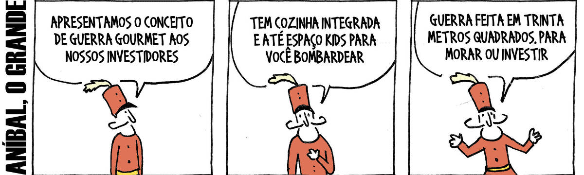 A tira de André Dahmer, publicada em 12.10.2024, tem três quadrinhos. Com uma legenda que diz "Aníbal, o grande", traz em seu primeiro quadro Aníbal, um general fardado. No primeiro quadrinho, ele fala com o leitor: "Apresentamos o conceito de guerra gourmet aos nossos investidores". No segundo quadro, Aníbal continua: "Tem cozinha integrada e até espaço kids para você bombardear". No terceiro e último quadrinho, ele completa: "Guerra feita em 30 metros quadrados, para morar ou investir".