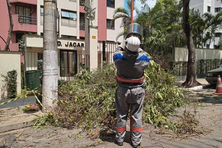 Um trabalhador de jardinagem está de costas, usando um capacete e roupas de proteção, enquanto limpa galhos e folhas em um local urbano. Ao fundo, há um prédio residencial. O trabalhador está em frente a um monte de restos de poda, e há árvores e plantas ao redor.