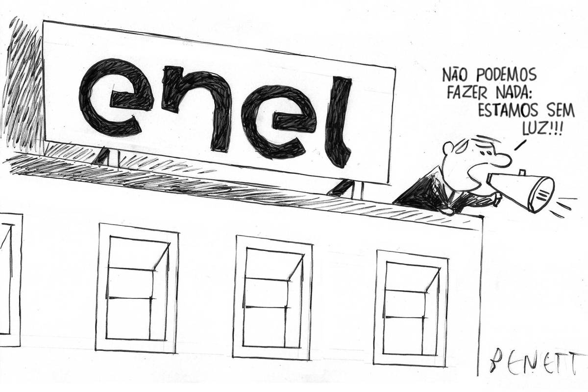 A charge de hoje publicada pela Folha em todas as suas plataformas é de Benett (@cartunistabenett) e é em um desenho em preto e branco. A imagem mostra um prédio e uma placa grande no topo que diz "Enel". Uma pessoa de terno e gravata, provavelmente um diretor do alto escalão ou um CEO da empresa, com megafone em mãos, grita do alto do prédio: "NÃO PODEMOS FAZER NADA: ESTAMOS SEM LUZ!!!". A charge é uma crítica ou piada sobre a empresa de energia elétrica Enel, sugerindo que até a empresa está sem luz e incapaz de resolver o problema. A assinatura "BENETT" está no canto inferior direito.