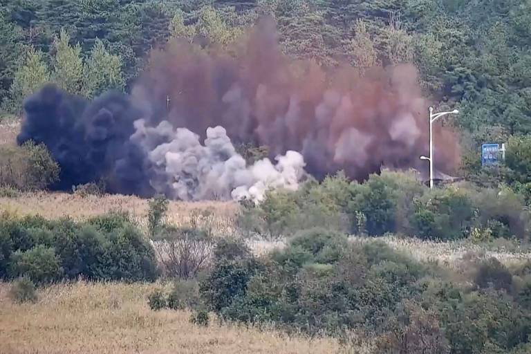 A imagem mostra uma explosão em uma área verde, com uma grande nuvem de fumaça preta e branca se elevando. Ao fundo, há vegetação densa e alguns postes de luz visíveis. A cena parece ser de um evento controlado, possivelmente uma detonação.