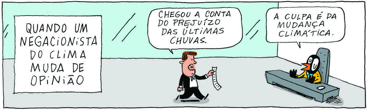 A tirinha Bicudinho, publicada em 17/10/2024, traz o título: Quando um negacionista do clima muda de opinião. O PROFESSOR ROCHA, homem branco, gordinho, calça e paletó pretos, camisa branca e cavanhaque entra em uma grande sala empresarial onde  VALTER, um passarinho preto com malha amarela e calças pretas está sentado em uma mesa. O professor, mostrando uma conta, diz: Chegou a conta do prejuízo das últimas chuvas. Valter responde: A culpa é da mudança climática.