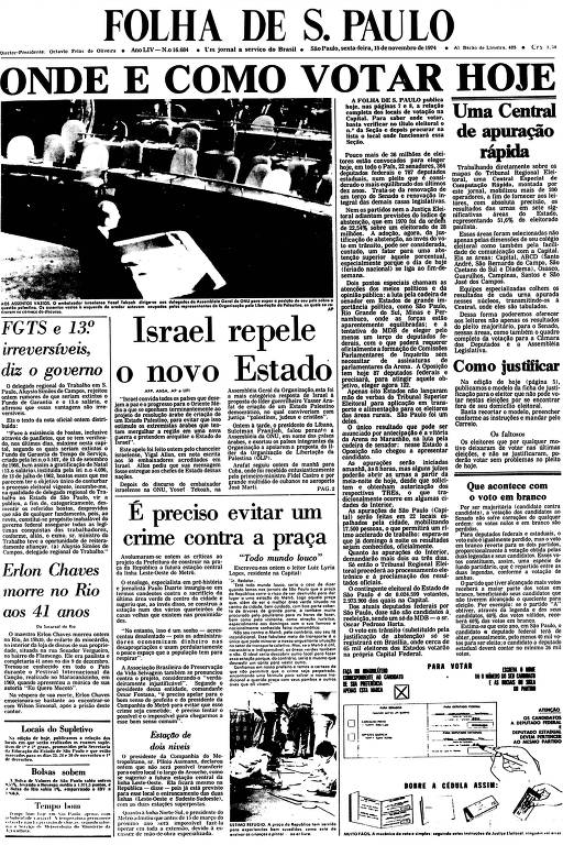 Primeira Página da Folha de 15 de novembro de 1974