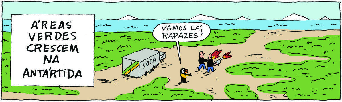 A tirinha Bicudinho, publicada em 18/10/2024, com 1 quadrinho, traz o título: Áreas verdes crescem na Antártida.  Ao lado, uma paisagem de área verde com o oceano e geleiras ao fundo. Um caminhão com a inscrição Soja está estacionado na área verde. Ao lado, VALTER, um passarinho preto com malha amarela e calças pretas diz: Vamos lá, rapazes!  Ao lado, os IRMÃOS PALADINO, dois rapagões brancos e carecas, idênticos e que se vestem do mesmo jeito, camisa preta e calças azuis, caminham com lança-chamas.