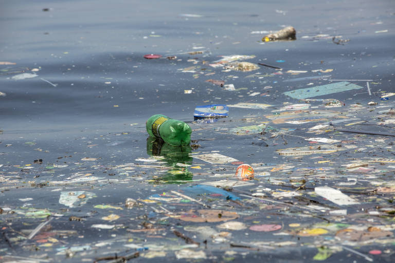 Garrafa plástica flutua em mar no litoral do Brasil; 80% do lixo plástico nos mares do país têm origem continental