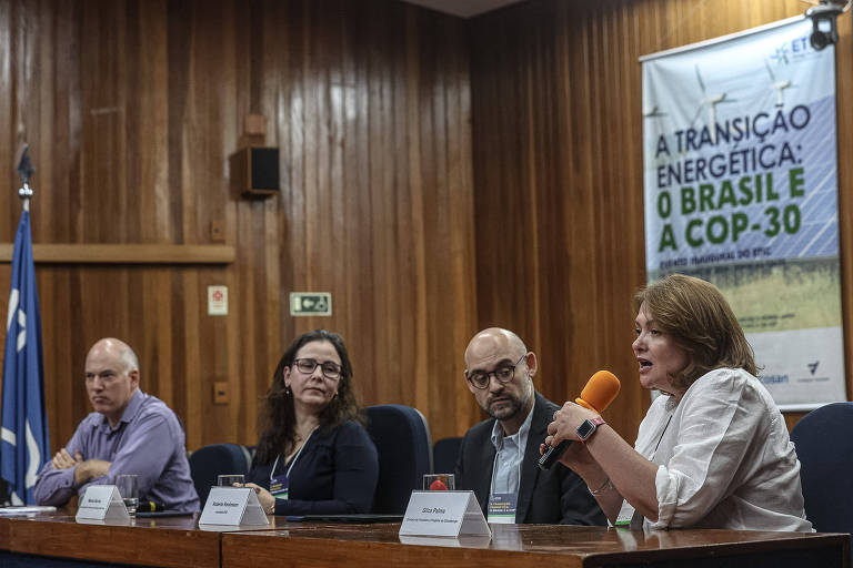 A imagem mostra um painel de discussão com quatro pessoas sentadas em uma mesa. À esquerda, um homem de camisa roxa. Ao lado dele, uma mulher com cabelo preso e blusa escura. No centro, um homem de óculos e camisa clara. À direita, uma mulher com cabelo solto e blusa branca, que está falando e segurando um microfone laranja. Ao fundo, há um banner com o texto 'A TRANSIÇÃO ENERGÉTICA: O BRASIL E A COP-30'. O ambiente é de uma sala com paredes de madeira.
