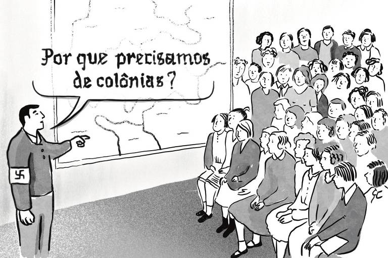 A ilustração, feita em linhas pretas e preenchimentos em tons de cinza representa uma cena escolar dos anos 30. No canto esquerdo o professor aponta para um mapa e de seu rosto sai um balão de fala com a pergunta: “porque precisamos das colônias?”. À direita, muitas crianças estão sentadas olhando no sentido do professor. 