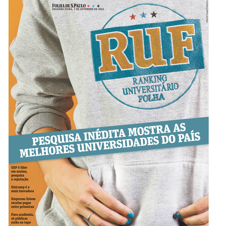 A imagem mostra a capa do caderno RUF, com o título em letras grandes e destacadas bordado em um agasalho de moletom cinza. Abaixo do título, há uma frase que diz: 'Pesquisa inédita mostra as melhores universidades do país'. A capa tem um fundo laranja e a parte inferior é azul, onde está o texto.