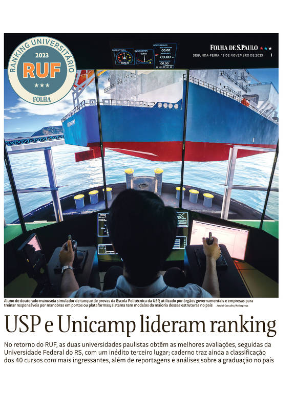 A imagem da capa do RUF 2023 mostra uma pessoa sentada em frente a um painel de controle com várias telas, que exibem gráficos e dados. No topo da imagem, há um logotipo circular e o texto 'RUF'. A parte inferior contém o título 'USP e Unicamp lidetam ranking' e um texto explicativo sobre o ranking das universidades.
