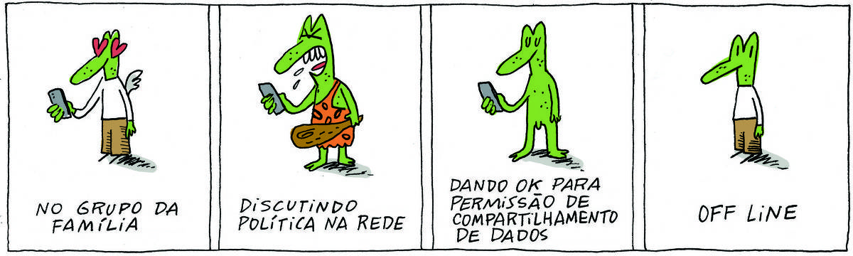 A tirinha Bicudinho, publicada em 19/10/2024, com 4 quadrinhos, traz ROBERTINHO, um lagarto verde com camiseta branca e calça bege. No quadrinho 1, ele tem com corações nos olhos e asa de anjinho enquanto digita no celular. Abaixo, a legenda: No grupo da família. No quadrinho 2, ele grita, com roupa de homem das cavernas, segurando um tacape enquanto digita no celular. Abaixo, a legenda: Discutindo política na rede. No quadrinho 3, ele está nu enquanto digita no celular. Abaixo, a legenda: Dando ok para permissão de compartilhamento de dados. No quadrinho 4, ele está parado. Abaixo, a legenda: Off line.