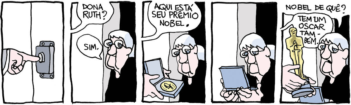 Tira de Laerte, em 5 quadrinhos, com a personagem Dona Ruth - uma velhinha de óculos e cabelo preso em coque na nuca. 1) A mão de alguém toca uma campainha. 2) Dona Ruth atende. A voz de alguém pergunta: “Dona Ruth?” - ela responde: “Sim”. 3) Mãos apresentam uma caixinha, aberta, onde brilha uma medalha redonda. A voz diz: “Aqui está seu Prêmio Nobel”. 4) Dona Ruth segura a caixa e fica olhando a medalha. 5) Dona Ruth pergunta: “Nobel de quê?” - as mãos trazem uma estatueta do Oscar. A voz diz: “Tem um Oscar também”.