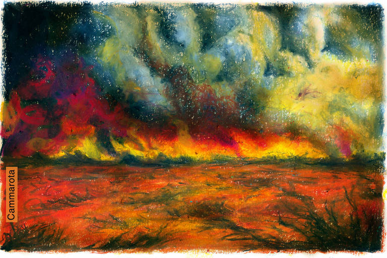 O deserto, a lava e o fogo    A ilustração de Ricardo Cammarota foi executada em técnica manual com pastel oleoso sobre papel.  Na horizontal, proporção 13,9cm x 9,1cm, a ilustração apresenta a imagem de um incêndio em um horizonte de uma paisagem deserta, com vegetação queimada, terra vermelha e laranja refletindo o fogo ao fundo. O céu escuro inteiro está em fumaça, misturado as cores do fogo.