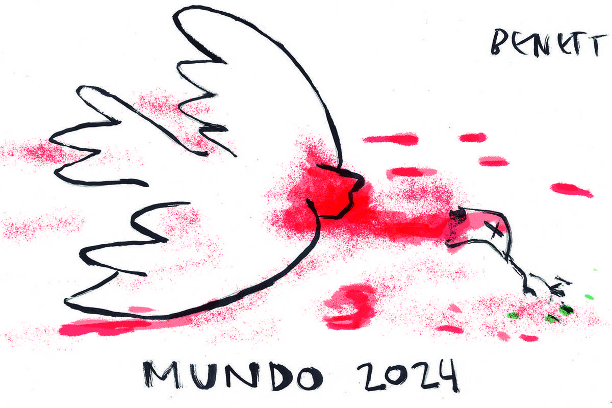 A charge de hoje publicada pela Folha em todas as suas plataformas, é de Benett (@cartunistabenett). A imagem mostra o famoso desenho da pomba da paz de Pablo Picasso, mas com a cabeça decapitada e sangue escorrendo. A pomba, que normalmente é um símbolo de paz e esperança, está retratada de uma maneira perturbadora e violenta, com detalhes gráficos que destacam a brutalidade da cena, como numa explosão causada por um míssil. É uma representação visual forte e impactante, que claramente busca transmitir uma mensagem poderosa sobre os horrores da guerra. O título da charge é "Mundo 2024".