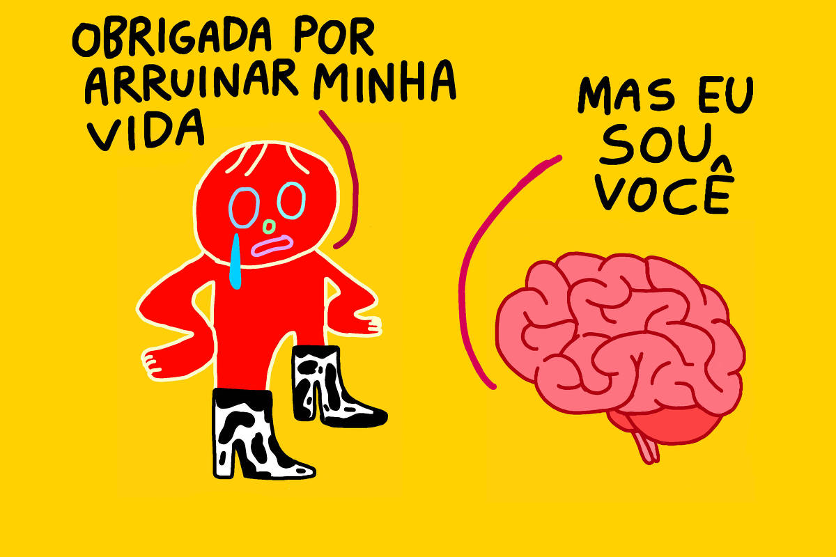 A charge apresenta um fundo amarelo com uma personagem vermelho, que parece triste, com lágrimas e usando botas com estampa de manchas pretas sobre superfície branca. Ela diz: 'OBRIGADA POR ARRUINAR MINHA VIDA'. Ao lado, há um cérebro rosa que responde: 'MAS EU SOU VOCÊ'.