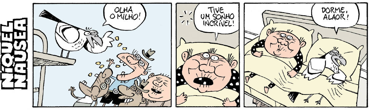 Quadrinho 01- Um pombo está em cima de uma plataforma e joga milho para quatro velhos que estão embaixo. Os velhos abrem suas bocas para receber o milho. Quadrinho 02- Um dos velhos está na cama e acorda repentinamente. Ele comenta, assustado: tive um sonho incrível! Quadrinho 03- O velho está na cama de casal e um pombo do tamanho dele está também deitado, recostado no travesseiro e coberto com um lençol. O pombo ordena: Dorme, Alaor!