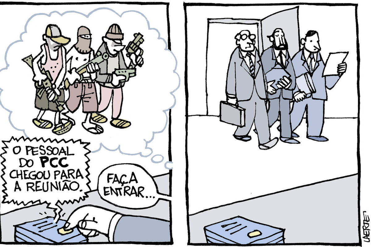 Charge de Laerte, em duas cenas: 1) Um homem atrás de uma mesa de trabalho aciona um comunicador onde a voz de algum funcionário anuncia: “O pessoal do PCC chegou para a reunião”. O homem diz: “Faça entrar”. Ao mesmo tempo, um balão de pensamento mostra a imagem que ele faz dos homens que estão para entrar: um grupo de três bandidos, com armas na mão, camiseta regata, bermudas, balaclava, boné e gorro, e carregando fuzil, escopeta, pistola e revólver. 2) A cena real dos homens entrando: 3 senhores de terno e gravata, com pastas e documentos.