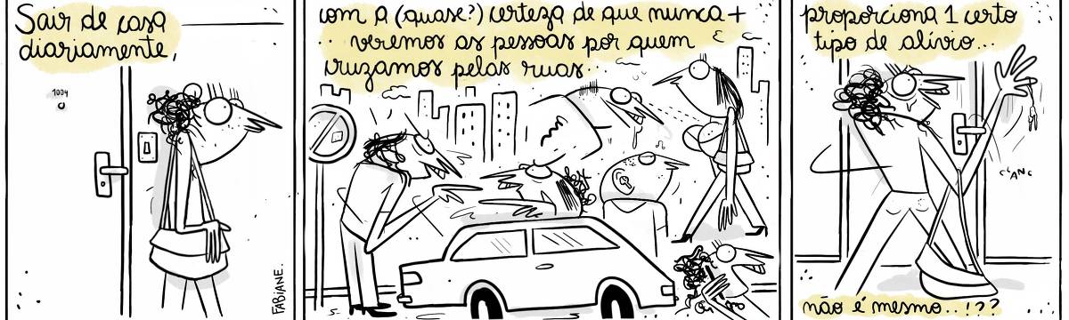 A tira Viver Dói, de Fabiane Langona, publicada em 24/10/2024 é composta por três quadros horizontais. No primeiro, vemos uma moça no corredor de um prédio. Ela está de costas para a porta de sua residência, saindo de casa. No quadro seguinte, vemos o dia a dia de uma cidade, onde diversas cenas ocorrem ao mesmo tempo. Vemos dois homens discutindo ao redor de um carro, um homem de costas com expressão de tédio ouvindo música em seus patéticos "AirPods", outro homem olhando libidinosamente para os seios de uma moça que passa na rua, e, na base do quadro, outra moça falando efusivamente ao celular. No terceiro quadro, a personagem do primeiro quadro está de volta ao lar. Agora, ao lado de dentro de sua residência. Ela está alegre e aliviada escorada na porta de casa com as chaves na mão.  No quadrinho 1, uma legenda narrativa no topo do quadro diz: "Sair de casa diariamente,".  No quadrinho 2, uma legenda narrativa no topo do quadro diz: "com a - quase - certeza de que nunca mais veremos as pessoas que cruzamos pelas ruas..".  No quadrinho 3, uma legenda narrativa no topo do quadro diz: "Proporciona um certo alívio.. e outra legenda, na base do quadro complementa a afirmação anterior: "Não é mesmo!??". 