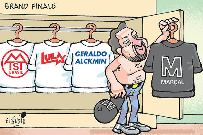 “Grand finale” é o título da charge. O desenho mostra o deputado Guilherme Boulos diante do seu guarda-roupa. Dentro do guarda-roupa, penduradas em cabides, há três camisas. Uma delas tem o símbolo do Movimento dos Trabalhadores Sem Teto. Em uma outra camisa lê-se a palavra Lula. Em uma terceira camisa há o nome de Geraldo Alckmin. Com uma mão ele segura um boné, com a outra mão ele segura um cabide com uma camisa com um grande M e a palavra “Marçal”. No boné também há um M. Boulos está sem camisa e o desenho sugere que ele vai vestir a camisa com o M na reta final da campanha.