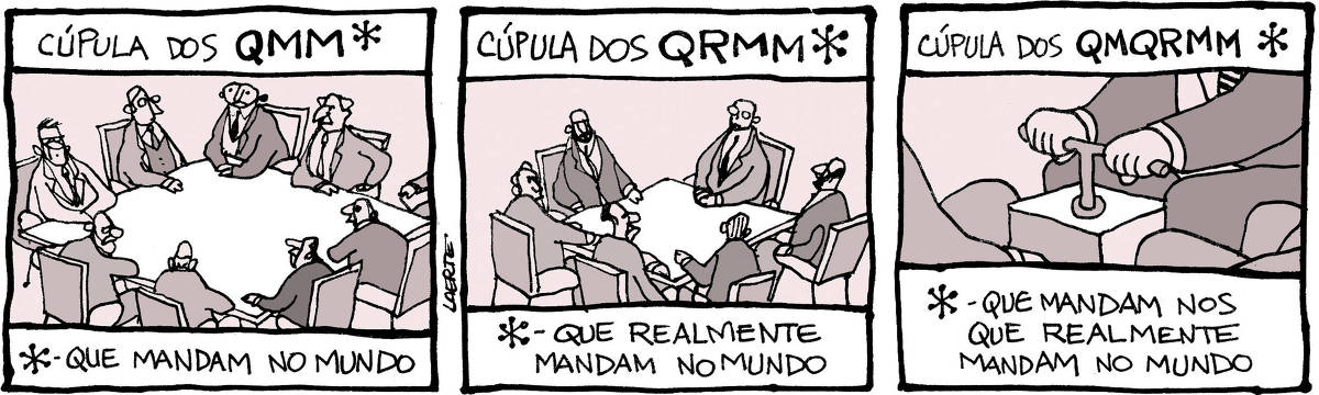 Tira de Laerte em 3 quadrinhos: 1) Um grupo de uns nove homens em torno de uma mesa quadrada. Todos de paletó e gravata. Um título diz: “CÚPULA DOS Q.M.M.” - seguido de um asterisco. Na parte inferior o asterisco conduz ao significado: “QUE MANDAM NO MUNDO”. 2) Um grupo menor, de seis homens também de terno e gravata, está em torno de uma mesa quadrada menor. Um título diz: “CÚPULA DOS Q.R.M.M.” - seguido de asterisco. Na parte interior o asterisco explica: “QUE REALMENTE MANDAM NO MUNDO”. 3) Um grupo de 3 homens, que nem aparecem inteiros no quadrinho. A forma retangular da mesa, aqui, é a superfície de um detonador de explosivos, com uma alavanca prestes a ser acionada. Um dos homens segura a alavanca nas mãos. Um título diz: “CÚPULA DOS Q.M.Q.R.M.M.” - seguido de um asterisco. Ao pé da imagem o asterisco explica: “QUE MANDAM NOS QUE REALMENTE MANDAM NO MUNDO”.