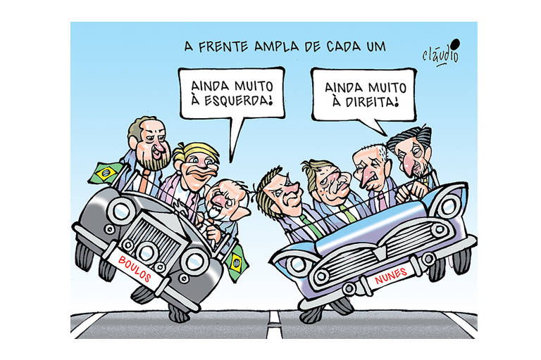 O título da charge é A frente ampla de cada um. O desenho mostra dois automóveis vistos pela frente. Um deles é o Rolls Royce presidencial. Nele está Lula ao volante. Ao lado de Lula aparecem o deputado Guilherme Boulos e a ex-prefeita Marta Suplicy. Lula diz:  - Ainda muito à esquerda!  No outro carro, um Simca Chambord ao lado, Ricardo Nunes está ao volante. Ao seu lado aparecem Jair Bolsonaro, o governador Tarcísio de Freitas e o ex-deputado Aldo Rabelo. Nunes diz:  - Ainda muito à direita!