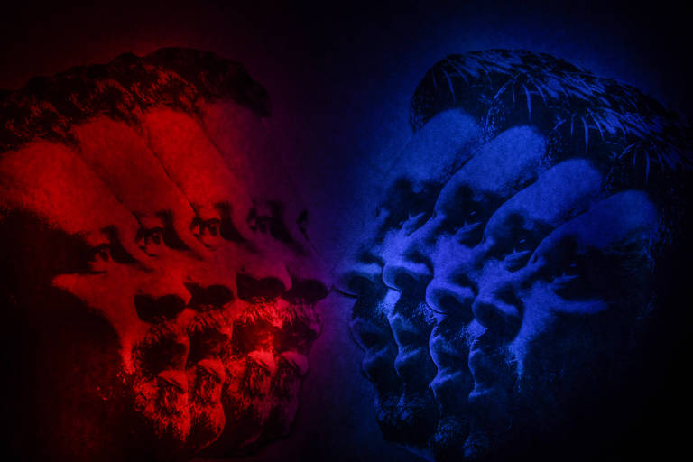 Ricardo Nunes e Guilherme Boulos boquiabertos.  Técnica desenvolvida pela fotógrafa Karime Xavier não prevê a manipulação digital das imagens.