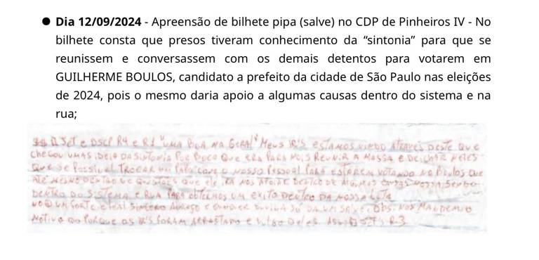 Na foto, uma das mensagens que teriam sido interceptadas pelo Sistema de Inteligência da Polícia Militar, segundo a Secretaria da Segurança Pública de São Paulo