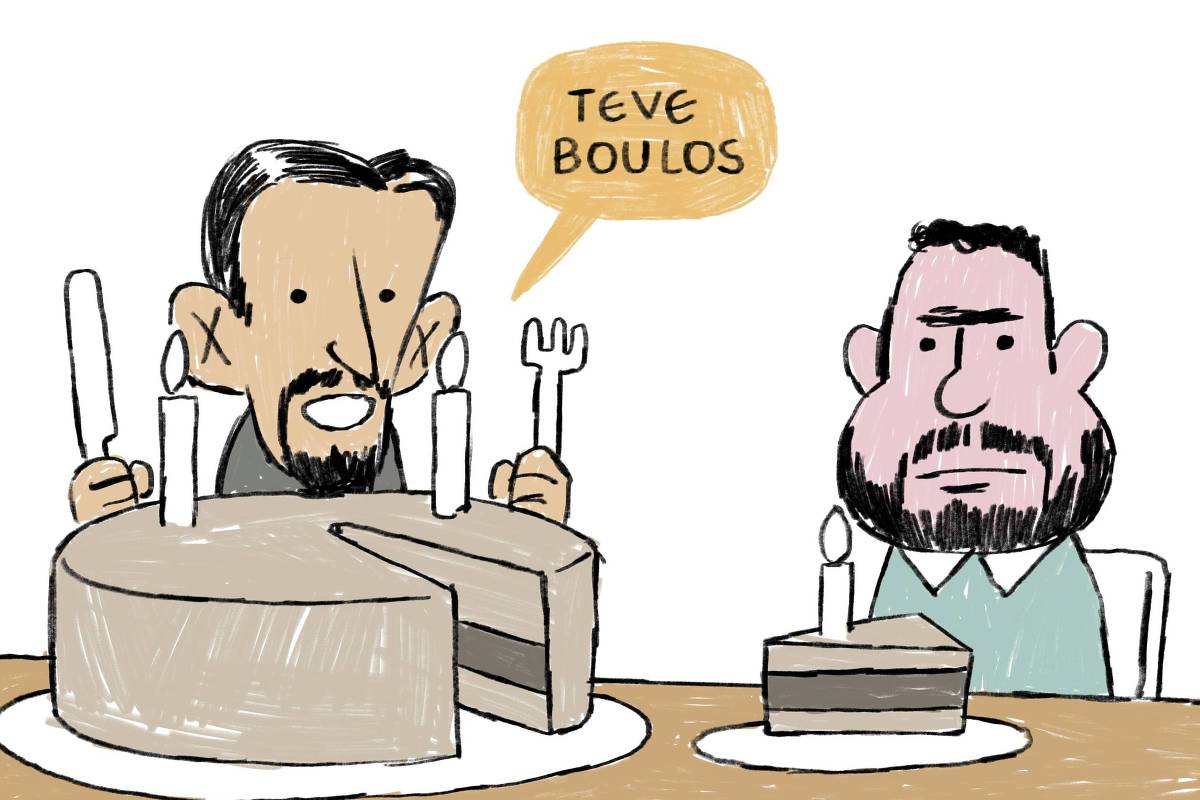 Charge de João Montanaro mostra Ricardo Nunes e Guilherme Boulos sentados à mesa com bolos diante deles. Nunes, à esquerda, com um sorriso, segura uma faca e um garfo, enquanto Guilherme Boulos, à direita, está sério. Há um bolo grande cortado na frente de Nunes e uma fatia à frente de Boulos. Nunes diz: 'Teve Boulos'.