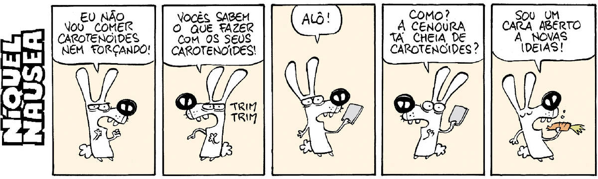 Quadrinho 01- Um coelho branco está indignado. Ele diz: Eu não vou comer carotenoides nem forçando! Quadrinho 02- Ainda bravo: Vocês sabem o que fazer com seus carotenoides! Quadrinho 03- O telefone toca e ele atende: Alô! Quadrinho 04- Ele fala ao telefone: Como? A cenoura tá cheia de carotenoides? Quadrinho 05- O coelho está comendo uma cenoura. Ele diz: Sou um cara aberto a novas ideias!