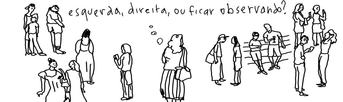 A tirinha em preto e branco de Estela May, publicada em 29/10/24, traz uma pessoa de costas em meio a varias outras pessoas. Ela pensa “esquerda, direita, ou ficar observando?”.