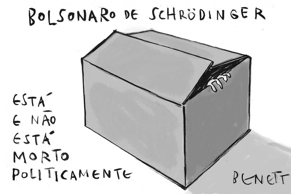 Charge de Benett mostra uma caixa de papelão em preto e branco com detalhes e sombras em cinza. A tampa está levemente aberta e uma mão humana decrépita está pendurada para fora. Acima dela está escrito "Bolsonaro de Schrödinger" e, ao lado, "está e não está morto politicamente". 