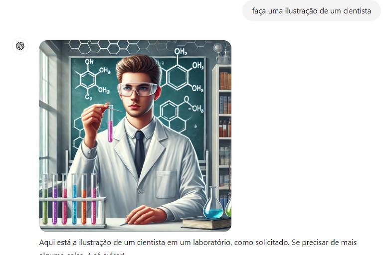 A imagem mostra um cientista em um laboratório. Ele está usando um jaleco branco e óculos de proteção, segurando um tubo de ensaio com líquido colorido. Ao fundo, há uma lousa com fórmulas químicas e prateleiras com frascos e equipamentos de laboratório. Na mesa à sua frente, há vários tubos de ensaio com líquidos de diferentes cores.