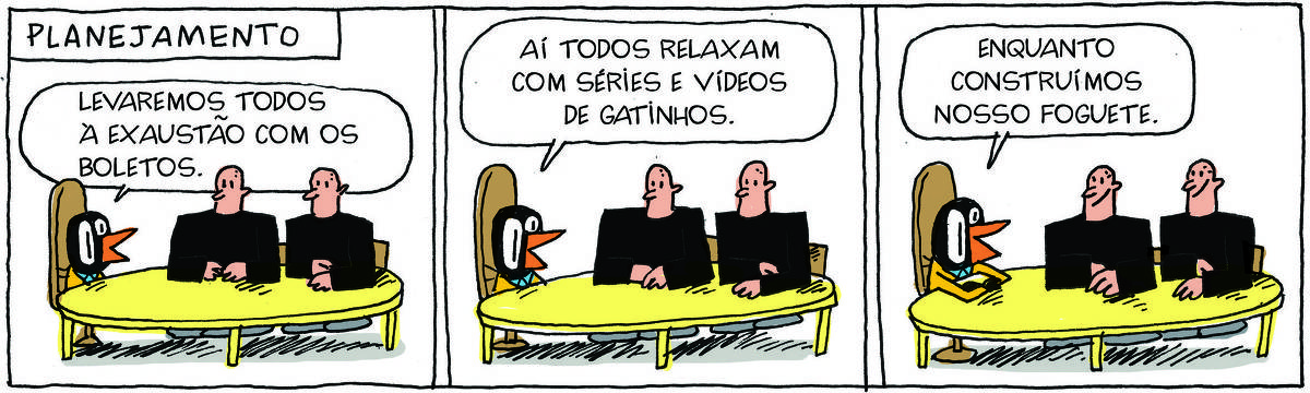 A tira de Galvão Bertazzi se chama SOL EM ESCORPIÃO e está dividida em quatro quadros. NO primeiro quadro temos a legenda: Às vezes o ciúme chega como uma baforada quente. O desenho de um homem assustado, ao seu lado, um rosto em chamas bafora fogo no seu corpo e diz: É só um velho conhecido No segundo quadro temos a legenda: Às vezes, como uma pulga atrás da orelha! O desenho de uma pulga na orelha do personagem. Ela diz: Agora ele é tatuador descolado e... No terceiro quadro temos a legenda: Tem vezes que o ciúme vem como um incêndio florestal... O desenho do homem completamente em chamas. TUdo ao seu redor pega fogo. Uma labareda diz: Não deve ser nada, bicho... No quarto quadro temos a legenda: ... ou como uma pulga mutante radioativa do quinto dos infernos. O desenho de uma pulga gigante em cima do personagem que está caído no chão , cheio de sangue. A pulga gigante diz: Relaxa, bobo!