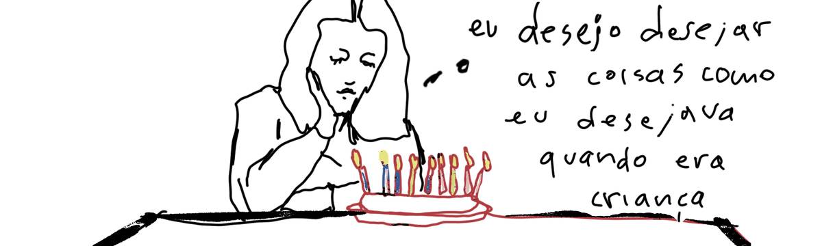 A tirinha de Estela May, publicada em 30/10/24, traz uma mulher indo apagar as velas de seu bolo de aniversário. Ela pensa “eu desejo desejar as coisas como eu desejava quando era criança”.