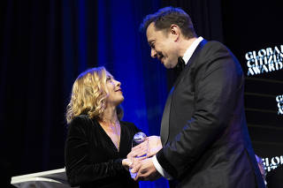 Prime Minister Giorgia Meloni of Italy thanks Elon Musk for introducing her at an awards gala in Manhattan, on Monday, Sept. 23, 2024. (Graham Dickie/The New York Times)
