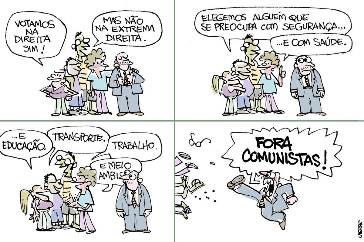 Charge de Laerte, em 4 cenas. 1) Um grupo de quatro pessoas, brancos, negros e pardos, 2 mulheres, 2 homens, está junto a um homem de paletó e gravata, que tem um ar de quem ganhou eleição. As pessoas dizem: “Votamos na direita sim!” - “Mas não na extrema direita.” 2) As pessoas continuam: “Elegemos alguém que se preocupa com segurança…” - “…e com saúde”. O homem de paletó começa a olhar para o grupo, meio ressabiado. 3) As pessoas do grupo continuam: “…e educação” - “Transporte” - “Trabalho” - “e meio ambiente” - o homem olha o grupo alarmado. 4) O homem reage com violência, chutando as pessoas do grupo pra fora de cena, enquanto grita: “FORA COMUNISTAS!!”