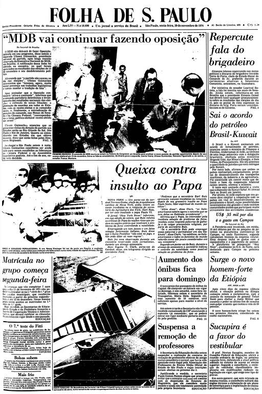 Primeira Página da Folha de 29 de novembro de 1974