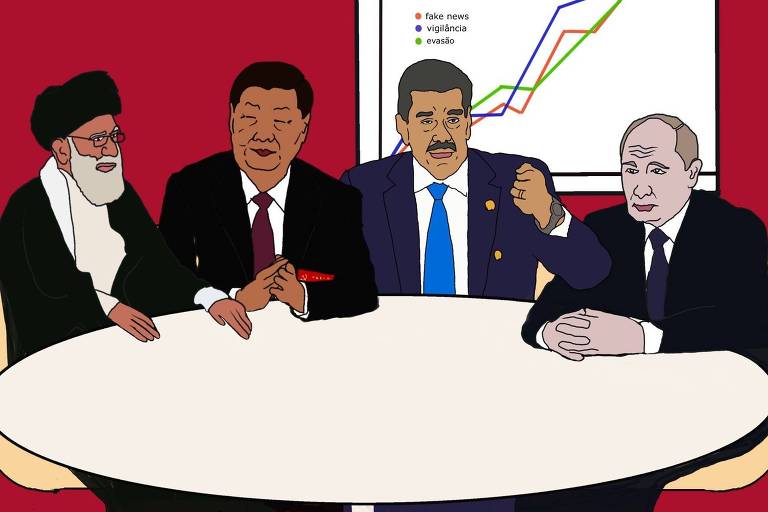 A imagem ilustra quatro líderes políticos (de Irã, China, Venezuela e Rússia) sentados ao redor de uma mesa redonda. À esquerda, um homem com barba e turbante preto. Ao lado dele, um homem de terno escuro e gravata vermelha. No centro, um homem com um terno azul e uma expressão de determinação, levantando o punho. À direita, um homem com cabelo claro e terno escuro. Ao fundo, um gráfico com linhas coloridas e as palavras 'fake news', 'vigilância' e 'controle'.