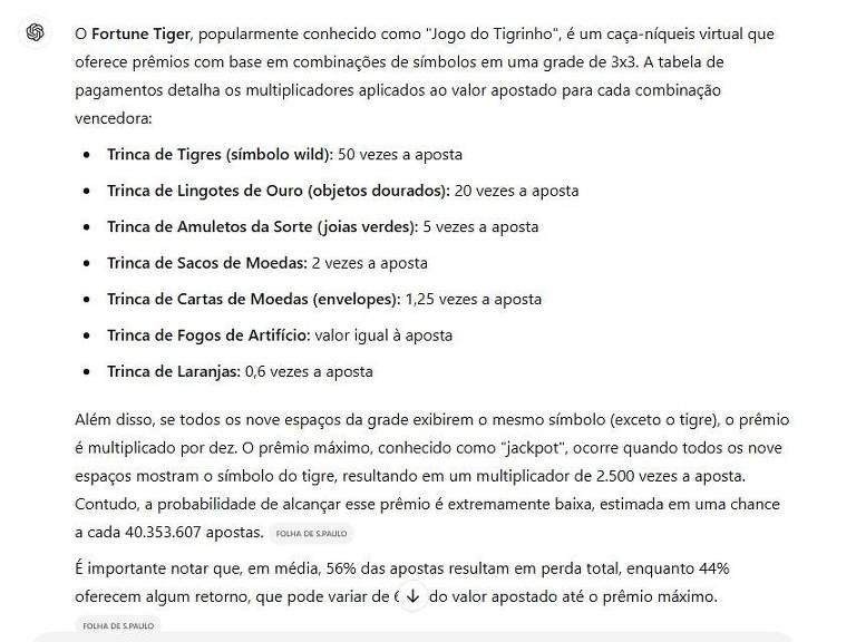 Matéria da Folha publicou informação exclusiva sobre a tabela de pagamentos do jogo do tigrinho. Imagem mostra texto e tabela.