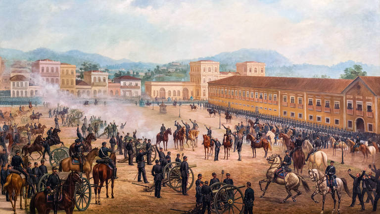 Proclamação da República， pintado por Benedito Calixto em 1893， está em exposição na Pinacoteca， em SP