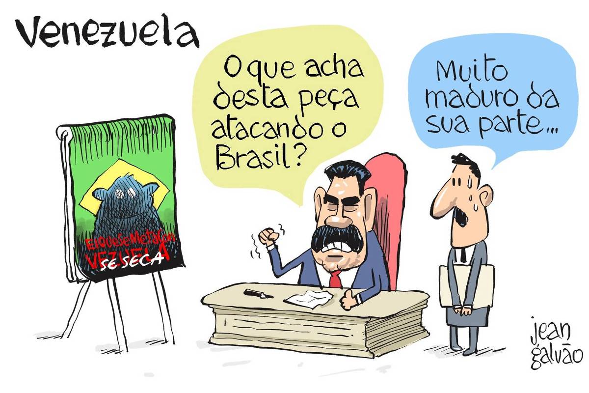 Charge de Jean Galvão com o título “Venezuela” mostra o ditador venezuelano, Nicolás Maduro, em seu gabinete mostrando um cartaz a um assessor e pergunta: “O que acha desta peça atacando o Brasil?”. O assessor responde: “Muito maduro da sua parte…”.