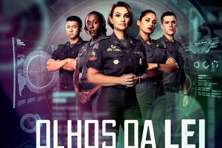 Em foto colorida, homens e mulheres vestidos de policiais aparecem juntos em um cartaz de uma série