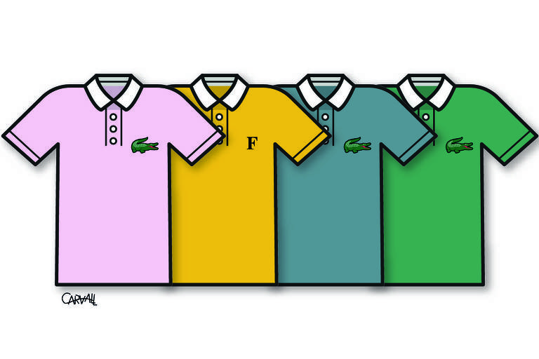 Um conjunto de camisas polo com o tradicional logotipo da Lacoste está acompanhado de mais uma cujo logotipo é um a letra "F"